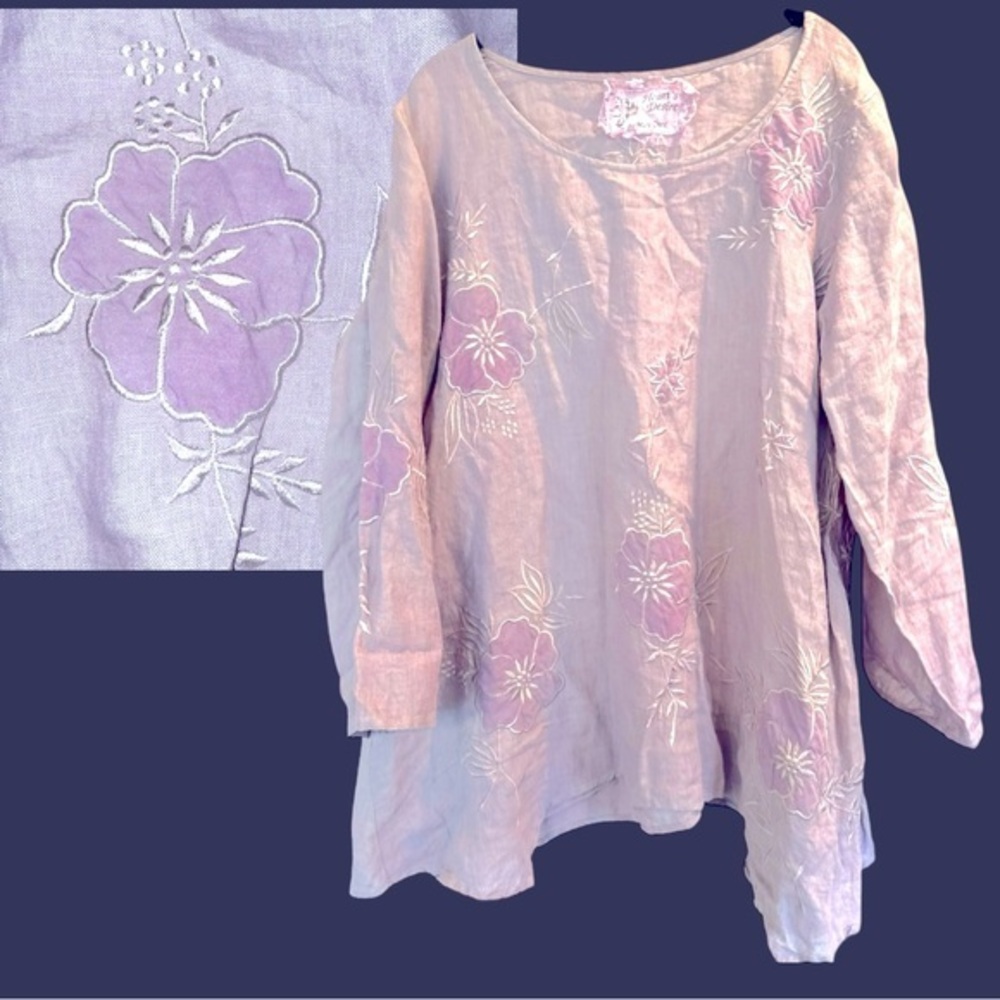 Hearts Desire Linen Tunic Lavender Embroidered Coastal Grandma Lagenlook Top L - Picture 3 of 14
